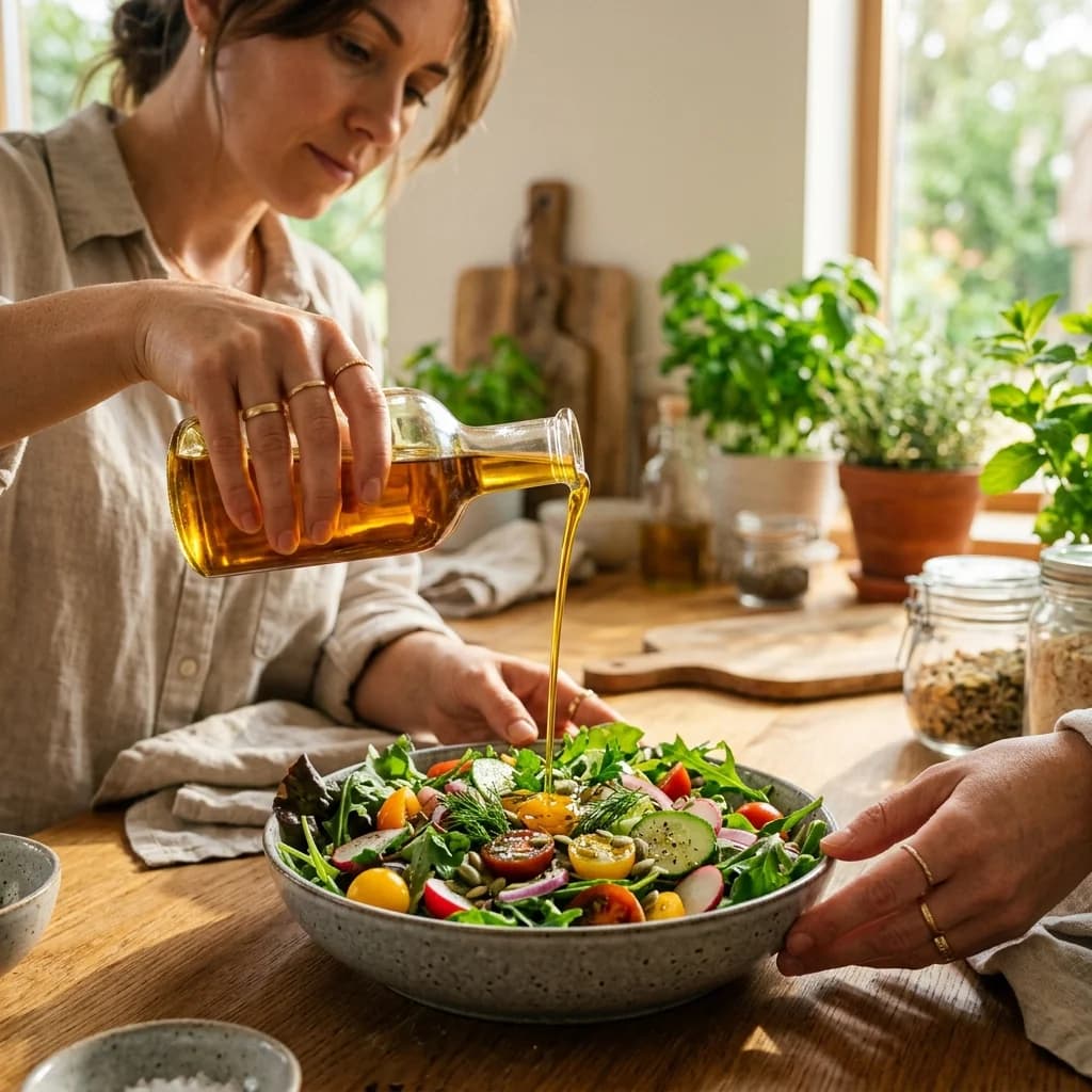 Oil being poured on salad